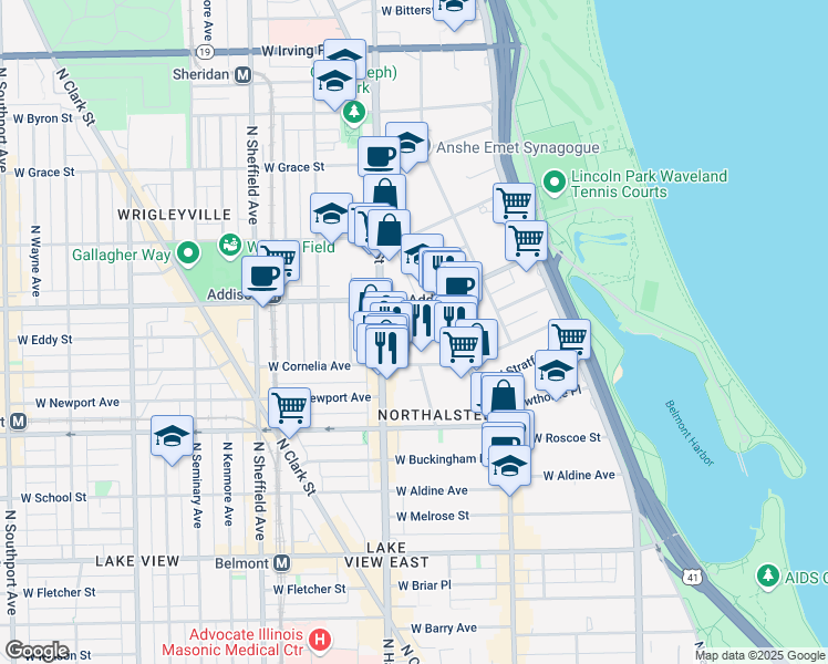 map of restaurants, bars, coffee shops, grocery stores, and more near 729 West Brompton Avenue in Chicago