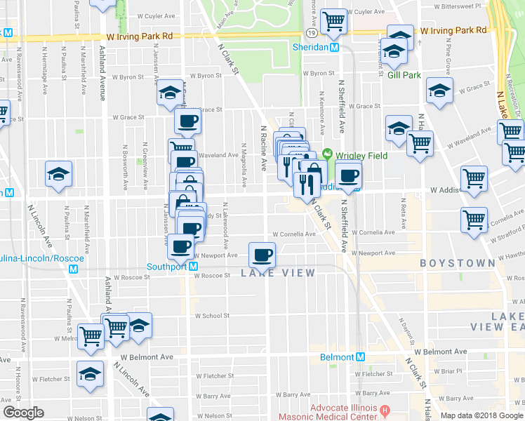 map of restaurants, bars, coffee shops, grocery stores, and more near 1217 West Eddy Street in Chicago