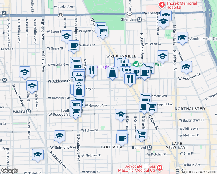 map of restaurants, bars, coffee shops, grocery stores, and more near 1217 West Eddy Street in Chicago