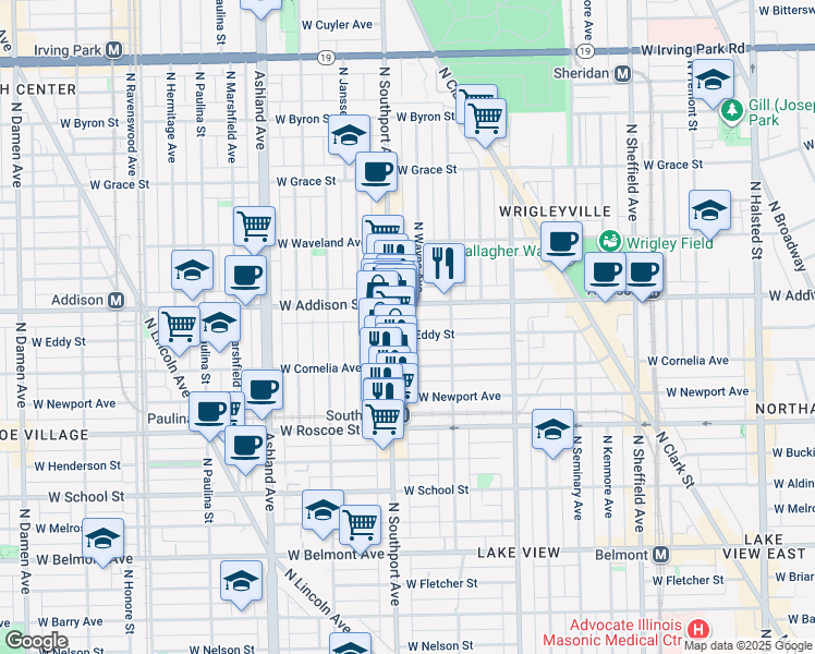 map of restaurants, bars, coffee shops, grocery stores, and more near 1333 West Eddy Street in Chicago