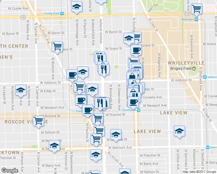 map of restaurants, bars, coffee shops, grocery stores, and more near 3527 North Bosworth Avenue in Chicago