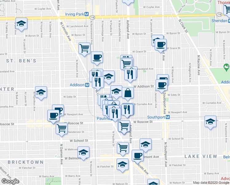 map of restaurants, bars, coffee shops, grocery stores, and more near 3524 North Marshfield Avenue in Chicago