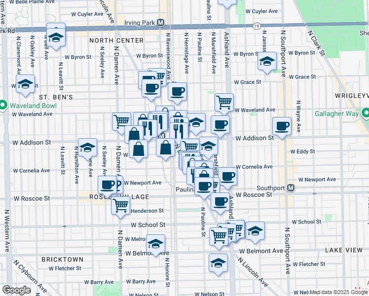 map of restaurants, bars, coffee shops, grocery stores, and more near 3536 North Lincoln Avenue in Chicago