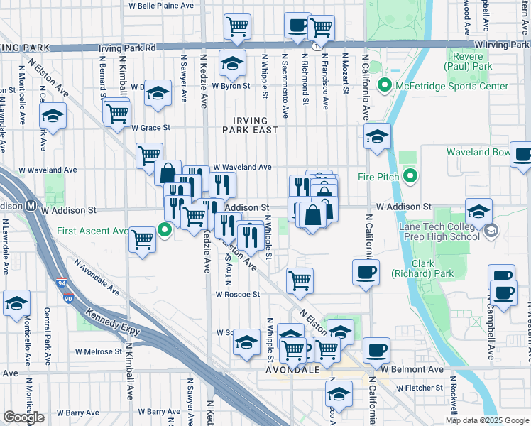 map of restaurants, bars, coffee shops, grocery stores, and more near 3543 North Albany Avenue in Chicago