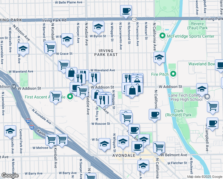map of restaurants, bars, coffee shops, grocery stores, and more near 3543 North Albany Avenue in Chicago