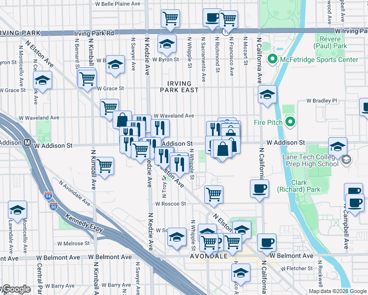 map of restaurants, bars, coffee shops, grocery stores, and more near 3543 North Albany Avenue in Chicago