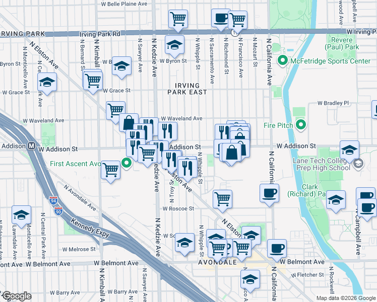map of restaurants, bars, coffee shops, grocery stores, and more near 3543 North Albany Avenue in Chicago