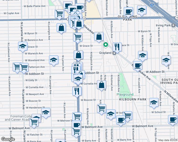 map of restaurants, bars, coffee shops, grocery stores, and more near 4727 West Addison Street in Chicago