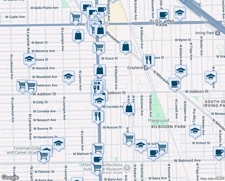 map of restaurants, bars, coffee shops, grocery stores, and more near 4727 West Addison Street in Chicago