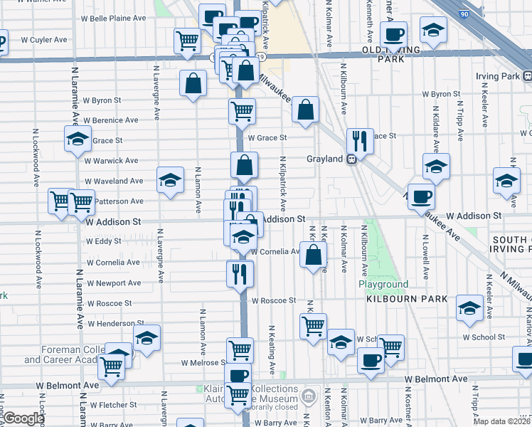 map of restaurants, bars, coffee shops, grocery stores, and more near 4727 West Addison Street in Chicago