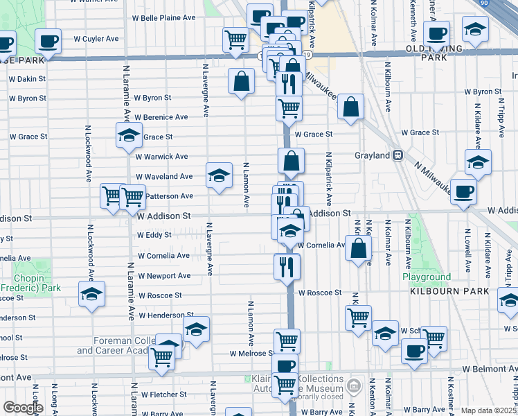 map of restaurants, bars, coffee shops, grocery stores, and more near 4839 West Addison Street in Chicago