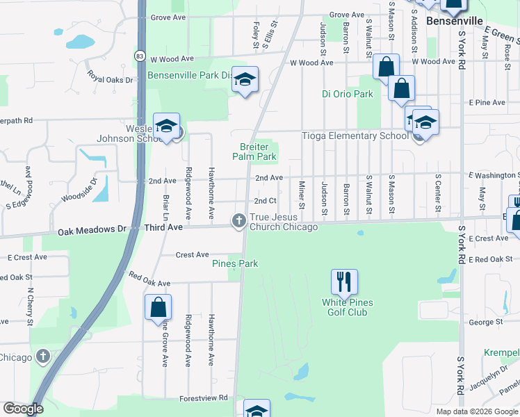 map of restaurants, bars, coffee shops, grocery stores, and more near 4N579 Church Road in Bensenville