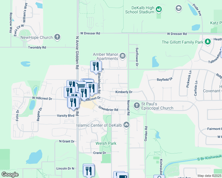 map of restaurants, bars, coffee shops, grocery stores, and more near 906 Kimberly Drive in DeKalb