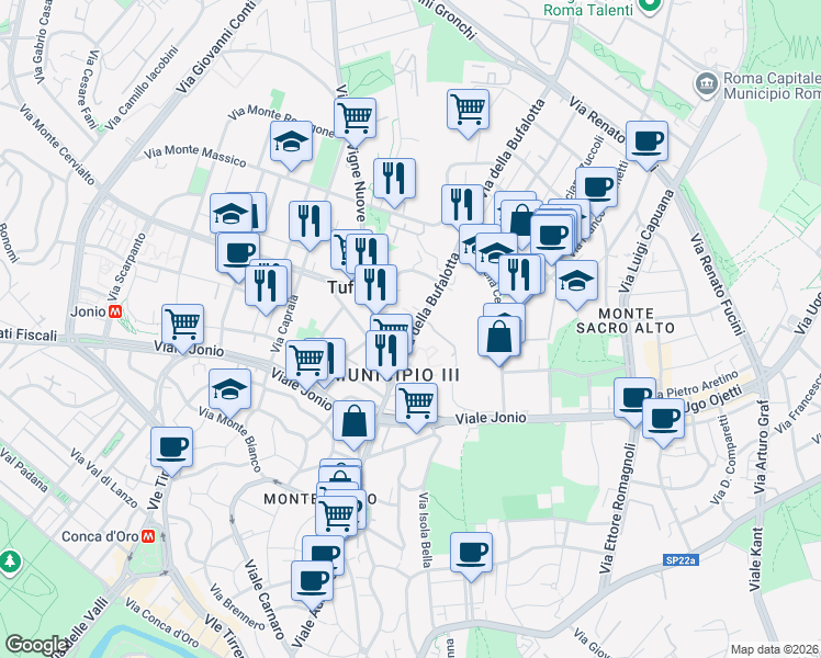 map of restaurants, bars, coffee shops, grocery stores, and more near 10 Via della Bufalotta in Roma