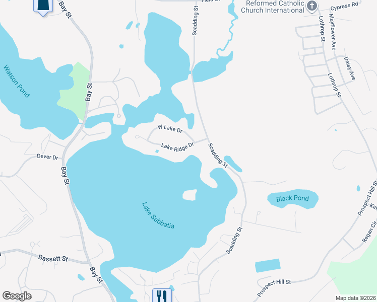 map of restaurants, bars, coffee shops, grocery stores, and more near 50 Lake Ridge Drive in Taunton