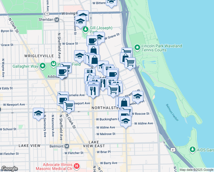 map of restaurants, bars, coffee shops, grocery stores, and more near 729 West Brompton Avenue in Chicago