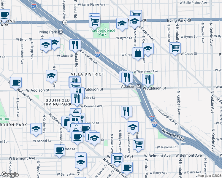 map of restaurants, bars, coffee shops, grocery stores, and more near W Addison St & N Hamlin Ave in Chicago