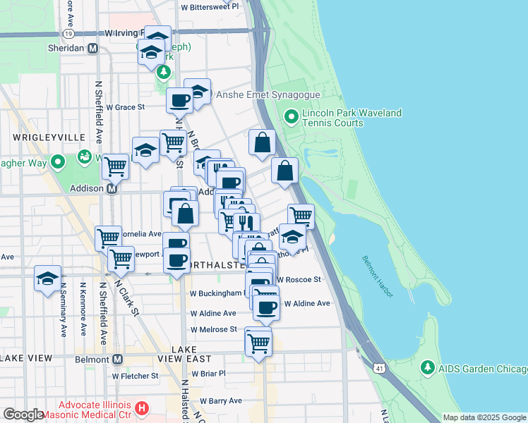 map of restaurants, bars, coffee shops, grocery stores, and more near 548 West Cornelia Avenue in Chicago