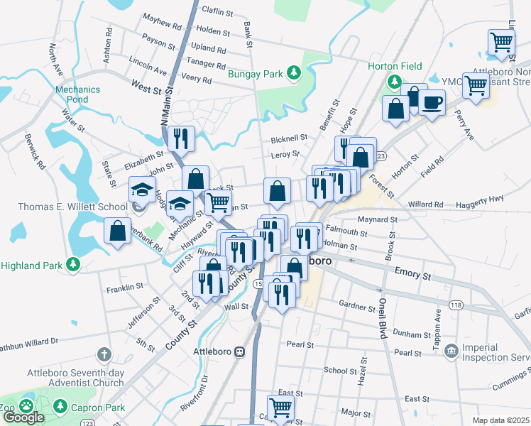 map of restaurants, bars, coffee shops, grocery stores, and more near 48 Bank Street in Attleboro