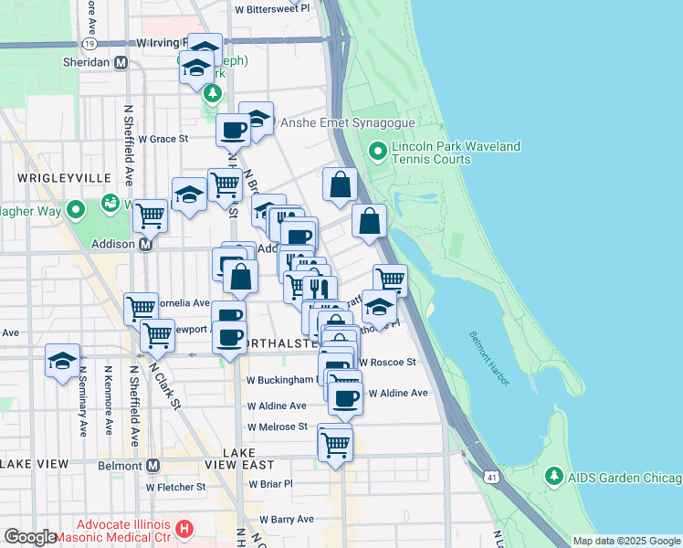 map of restaurants, bars, coffee shops, grocery stores, and more near 3505 North Pine Grove Avenue in Chicago