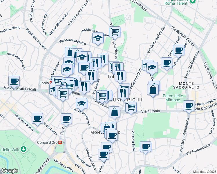 map of restaurants, bars, coffee shops, grocery stores, and more near 25 Via dei Monti Lepini in Roma