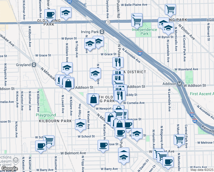 map of restaurants, bars, coffee shops, grocery stores, and more near 4100 West Addison Street in Chicago