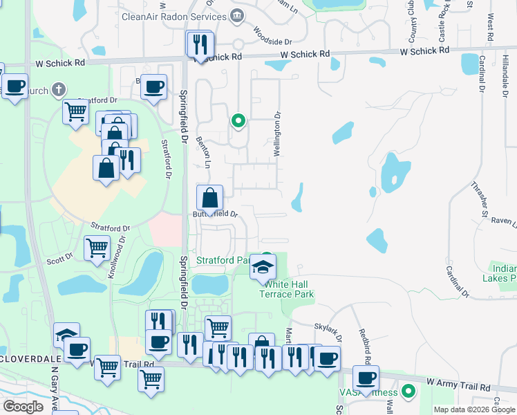 map of restaurants, bars, coffee shops, grocery stores, and more near 107 Glengarry Drive in Bloomingdale