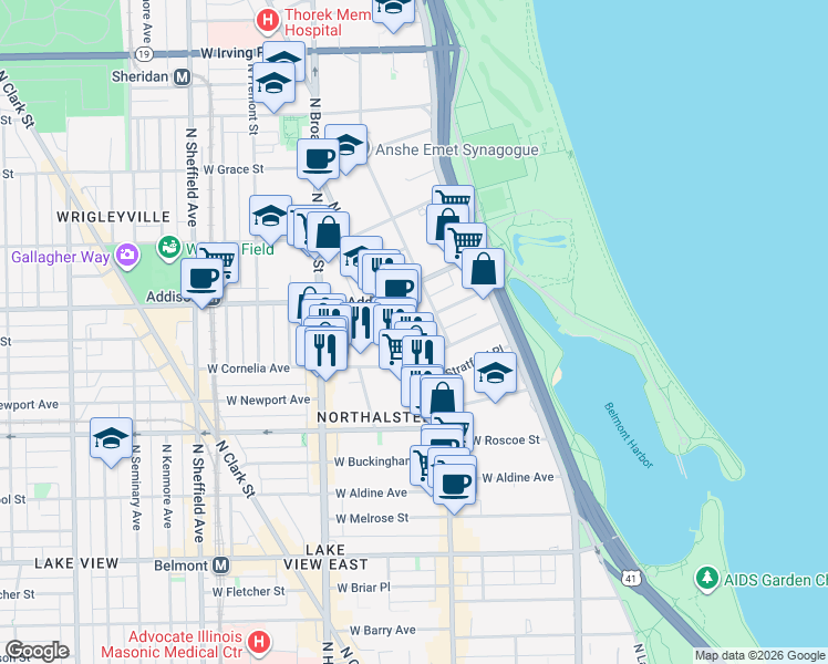 map of restaurants, bars, coffee shops, grocery stores, and more near 660 West Cornelia Avenue in Chicago
