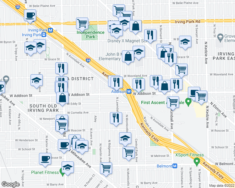map of restaurants, bars, coffee shops, grocery stores, and more near West Addison Street & North Lawndale Avenue in Chicago