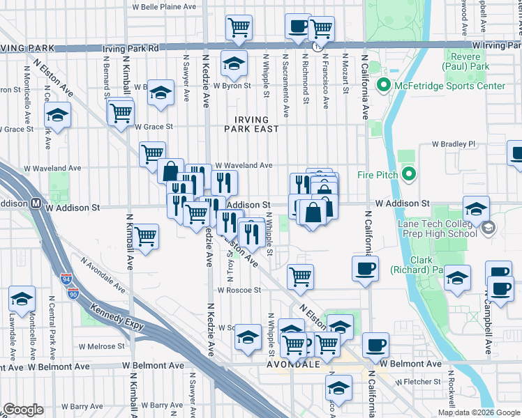 map of restaurants, bars, coffee shops, grocery stores, and more near 3543 North Albany Avenue in Chicago