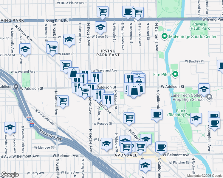 map of restaurants, bars, coffee shops, grocery stores, and more near 3543 North Albany Avenue in Chicago