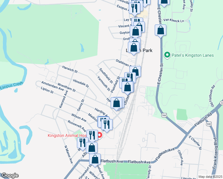 map of restaurants, bars, coffee shops, grocery stores, and more near 598 Plainfield Street in Kingston