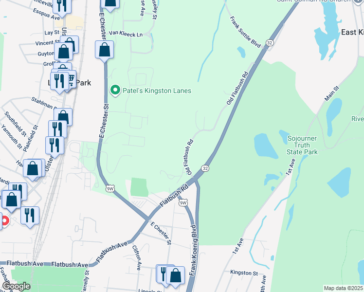 map of restaurants, bars, coffee shops, grocery stores, and more near 133 Old Flatbush Road in Kingston
