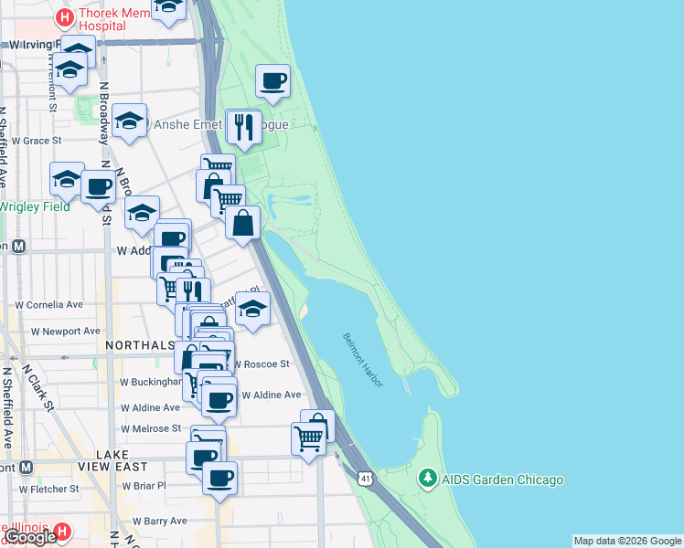 map of restaurants, bars, coffee shops, grocery stores, and more near West Belmont Harbor Drive in Chicago