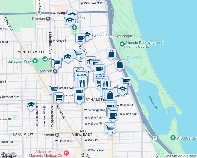 map of restaurants, bars, coffee shops, grocery stores, and more near 3529 North Broadway Street in Chicago