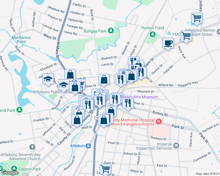 map of restaurants, bars, coffee shops, grocery stores, and more near 33 Bank Street in Attleboro
