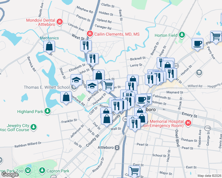 map of restaurants, bars, coffee shops, grocery stores, and more near 63 North Main Street in Attleboro