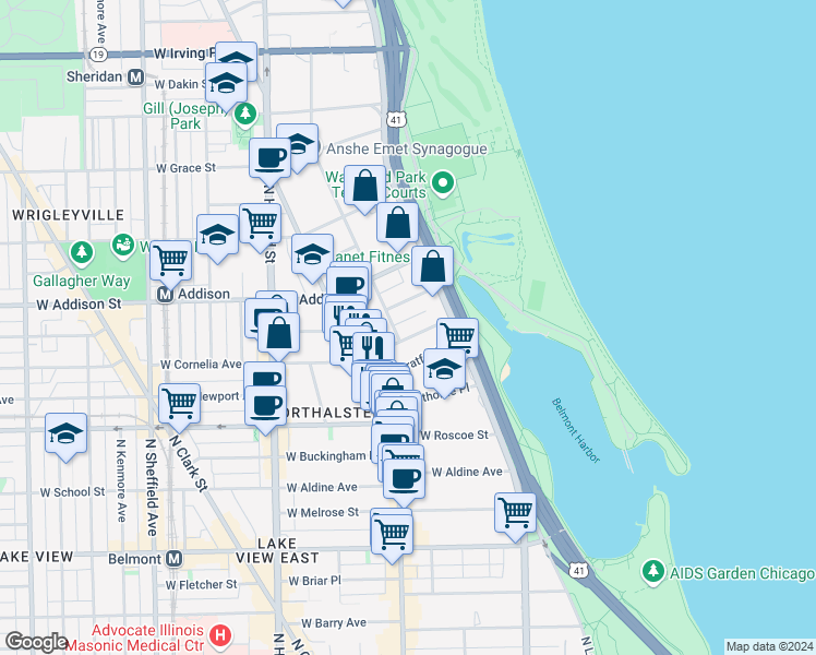 map of restaurants, bars, coffee shops, grocery stores, and more near 536 West Stratford Place in Chicago