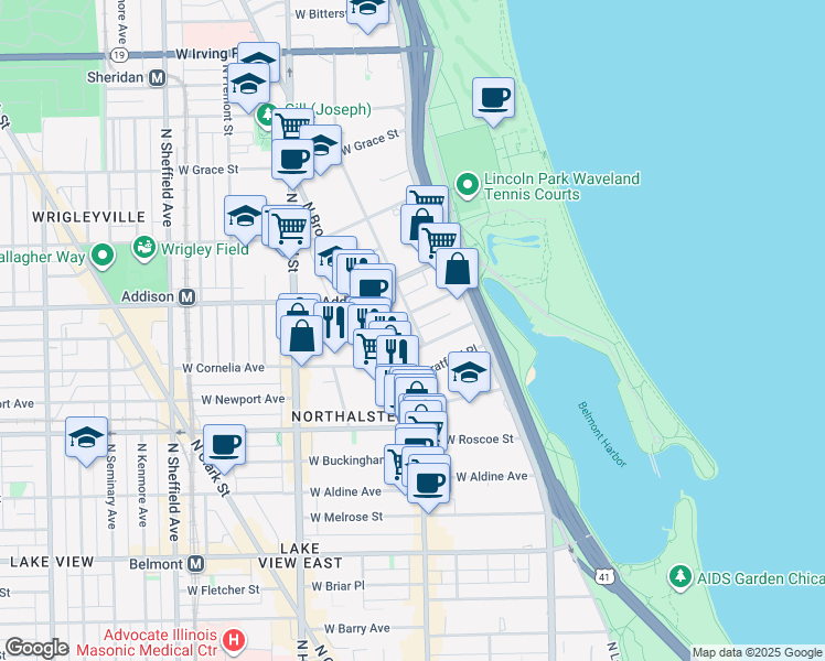 map of restaurants, bars, coffee shops, grocery stores, and more near 625 West Cornelia Avenue in Chicago