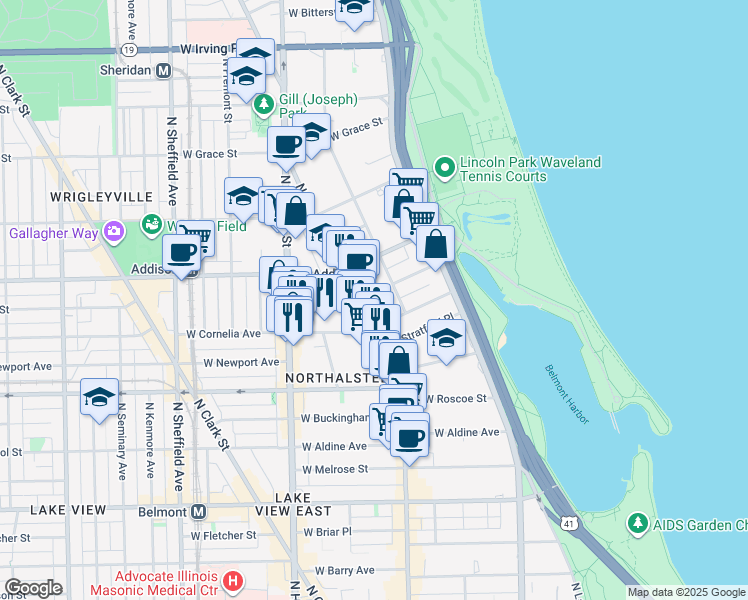 map of restaurants, bars, coffee shops, grocery stores, and more near 660 West Cornelia Avenue in Chicago