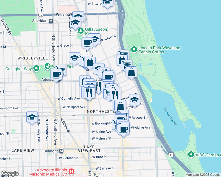 map of restaurants, bars, coffee shops, grocery stores, and more near 660 West Cornelia Avenue in Chicago