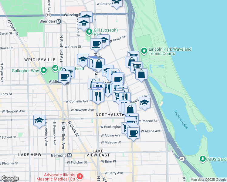 map of restaurants, bars, coffee shops, grocery stores, and more near 660 West Cornelia Avenue in Chicago
