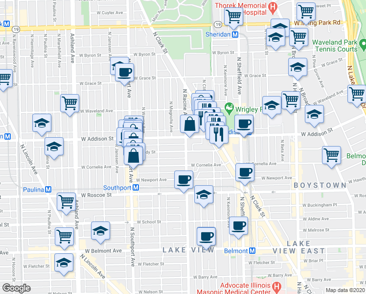 map of restaurants, bars, coffee shops, grocery stores, and more near 1217 West Eddy Street in Chicago