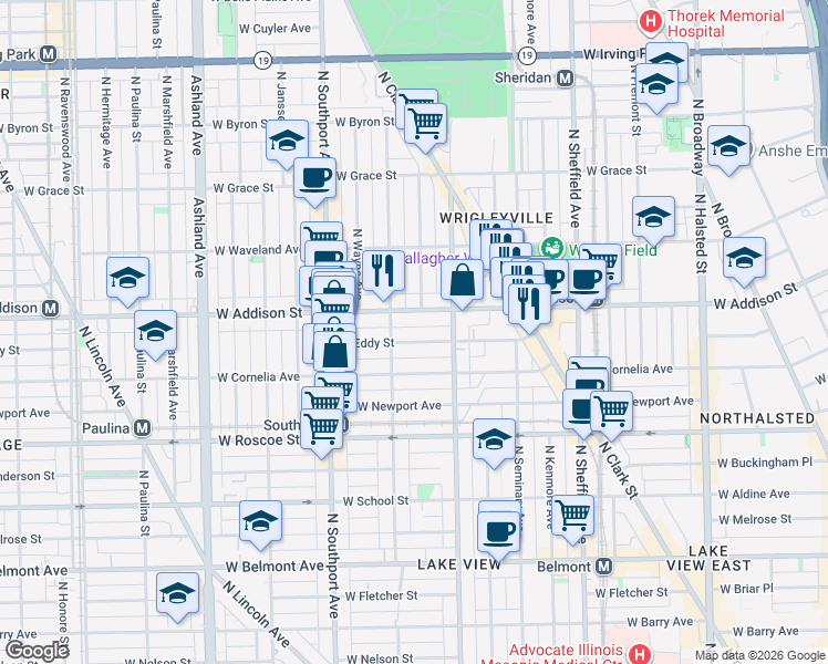 map of restaurants, bars, coffee shops, grocery stores, and more near 1217 West Eddy Street in Chicago