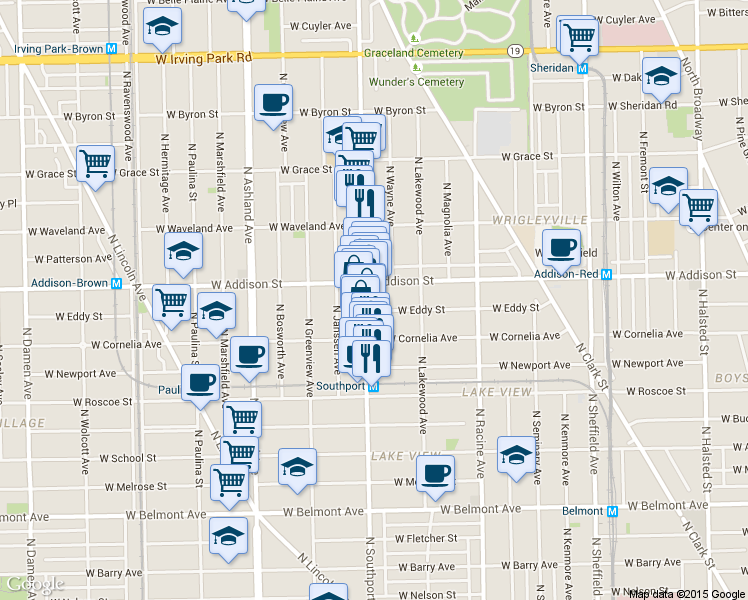map of restaurants, bars, coffee shops, grocery stores, and more near 1333 West Eddy Street in Chicago