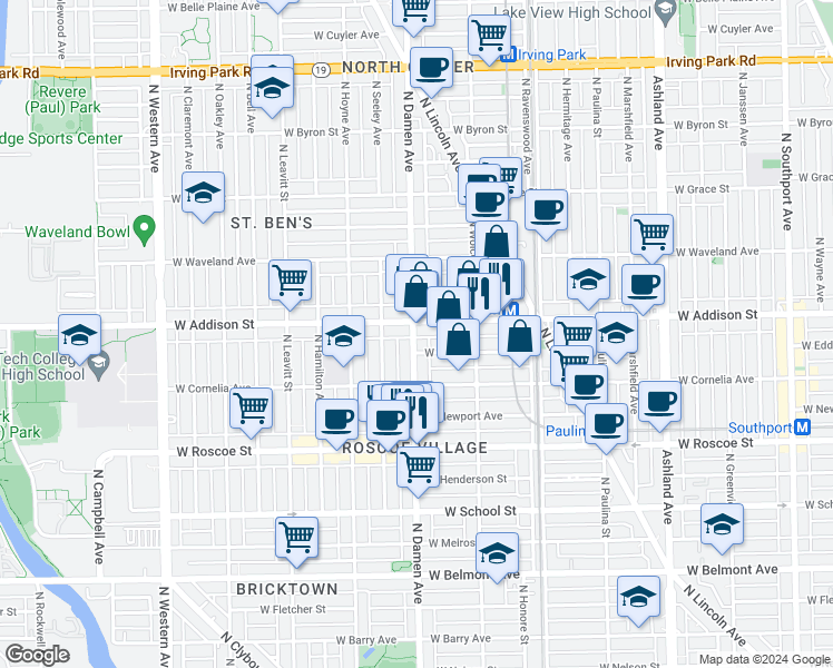 map of restaurants, bars, coffee shops, grocery stores, and more near 1942 West Eddy Street in Chicago