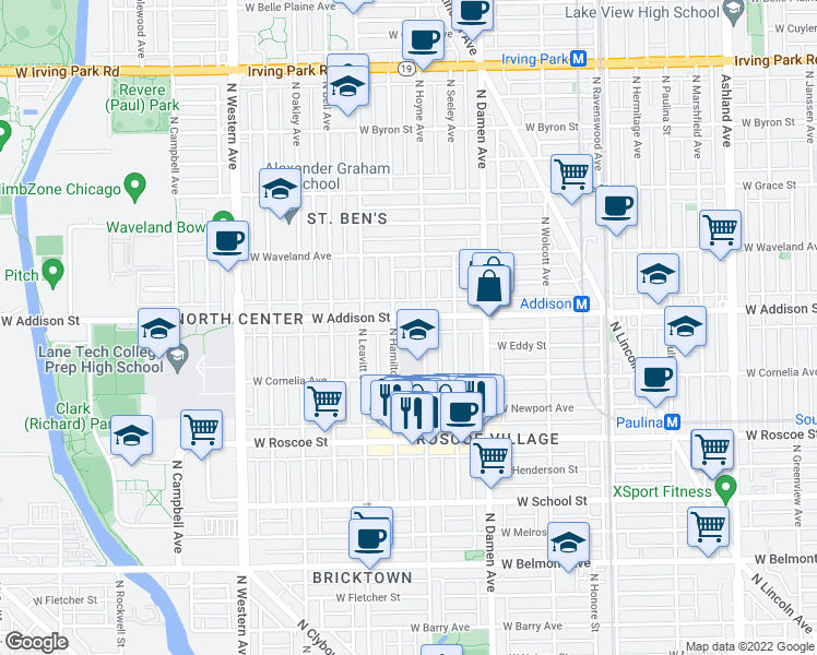 map of restaurants, bars, coffee shops, grocery stores, and more near 3528 North Hoyne Avenue in Chicago