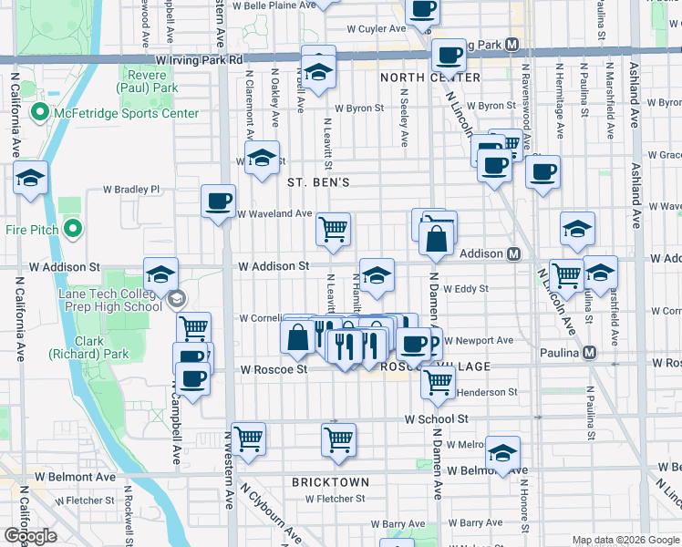 map of restaurants, bars, coffee shops, grocery stores, and more near 3532 North Hamilton Avenue in Chicago