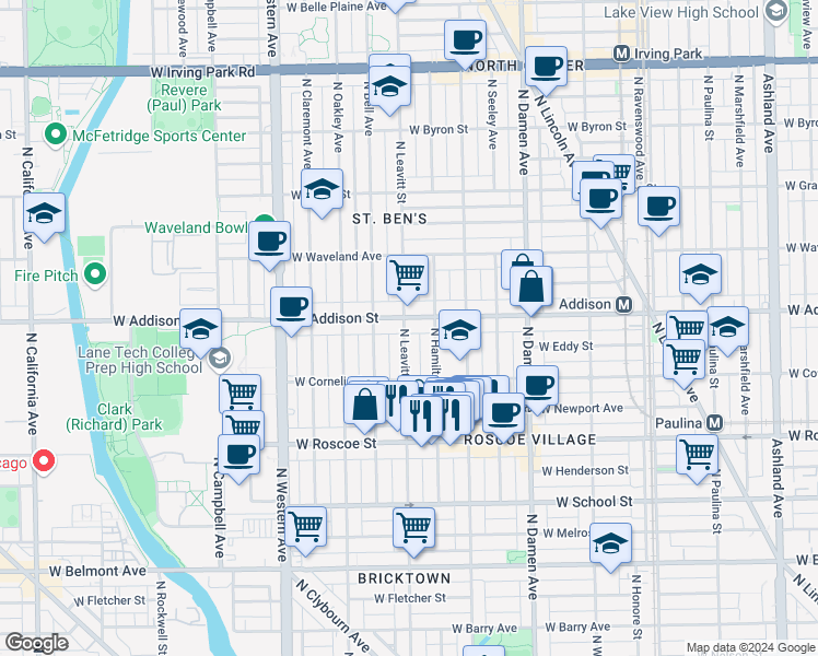 map of restaurants, bars, coffee shops, grocery stores, and more near 3532 North Hamilton Avenue in Chicago
