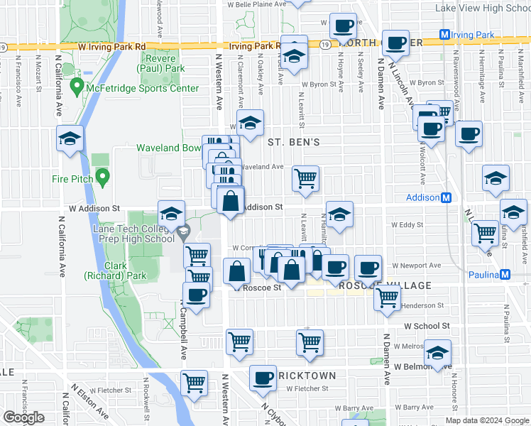 map of restaurants, bars, coffee shops, grocery stores, and more near 3535 North Oakley Avenue in Chicago